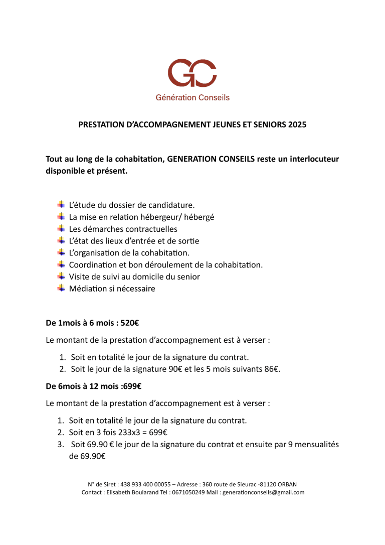 Tarif et prestation d'accompagnement